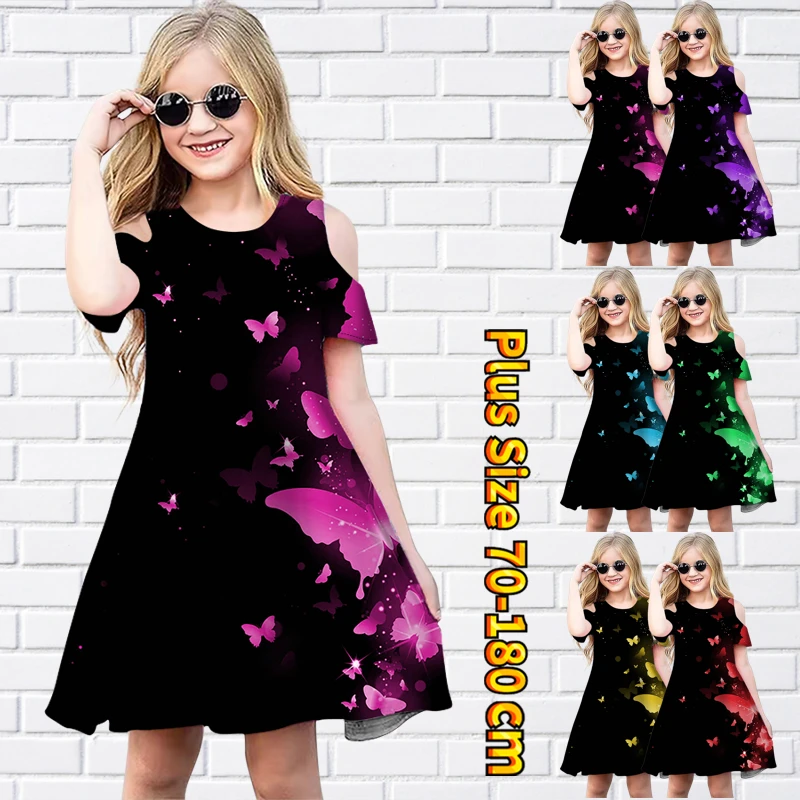 

2023 Summer Little Girl Round Neck Midi Skirt New Design Printing Dress Fashion Casual Short Sleeve Skirt Lovely Princess Skirt