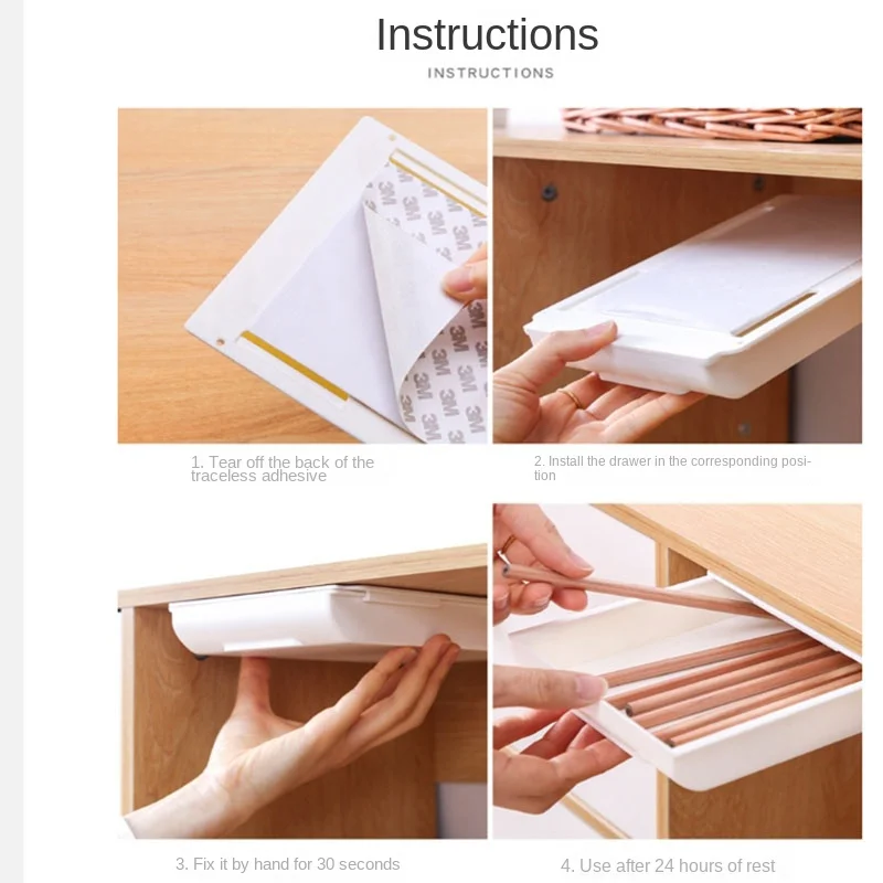 1pc White Self-Adhesive Storage Drawer Box Makeup Pencil Tray Desk Hidden Under Desk Stand Self-adhesive Under-drawer Storage Box self adhesive storage box