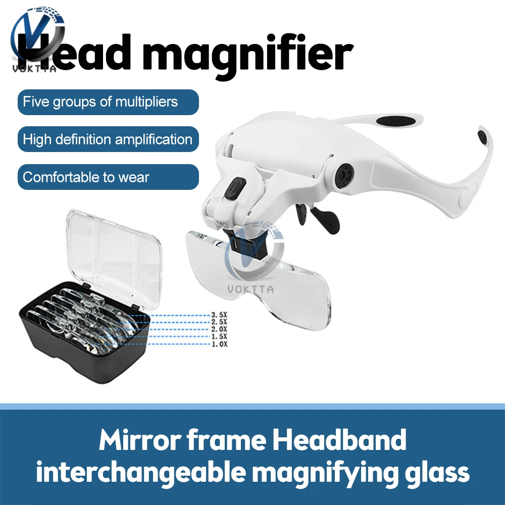 

Magnifier Glasses With 2 LED Light Headband Illumination Magnifier Loupe With 5 Lens Magnifying Glass for Reading Repair Craft