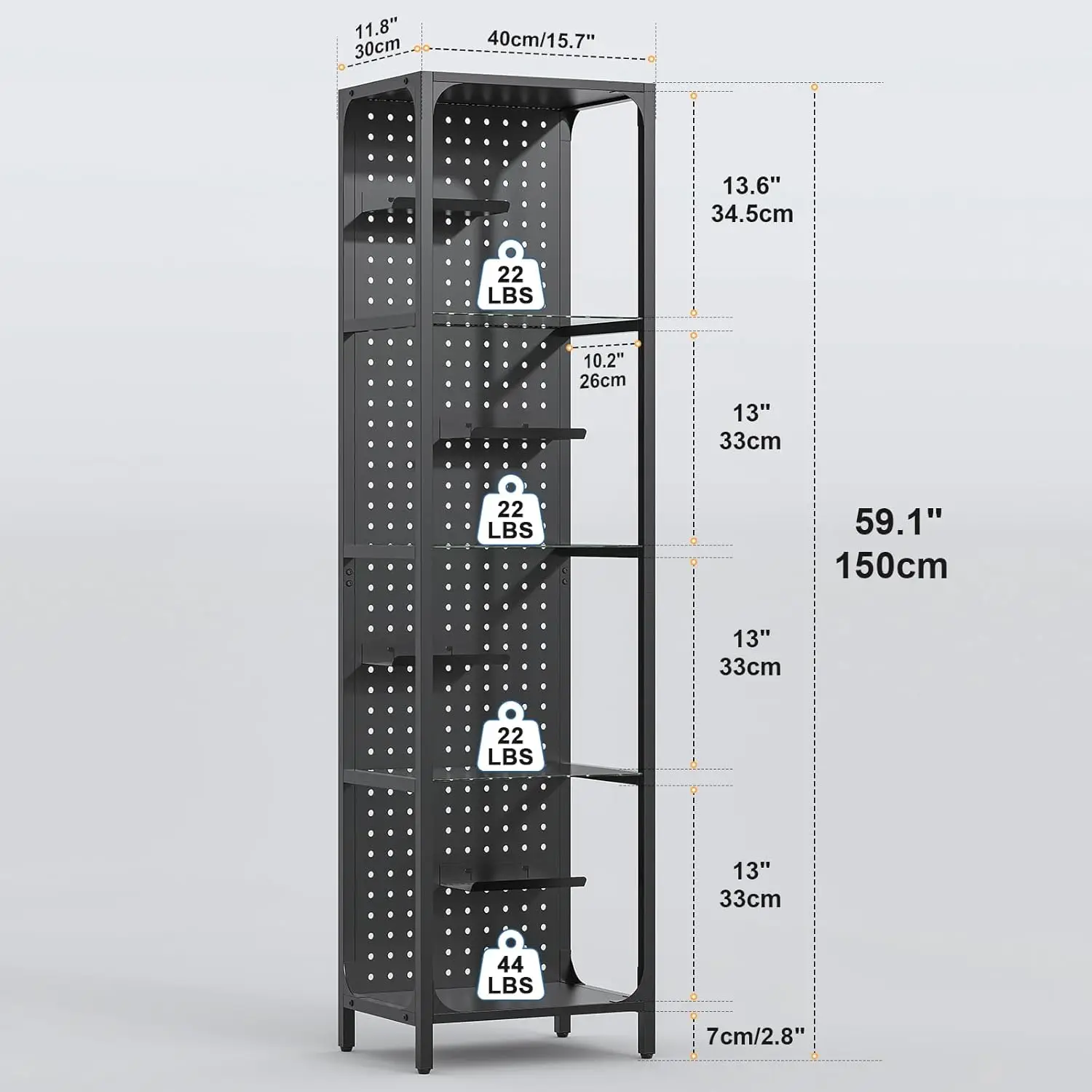 LED Black Curio Cabinet, Lighted Tall Narrow Pegboard Steel Frame for Gaming Room, Floor Lamp With Shelf, Living Room