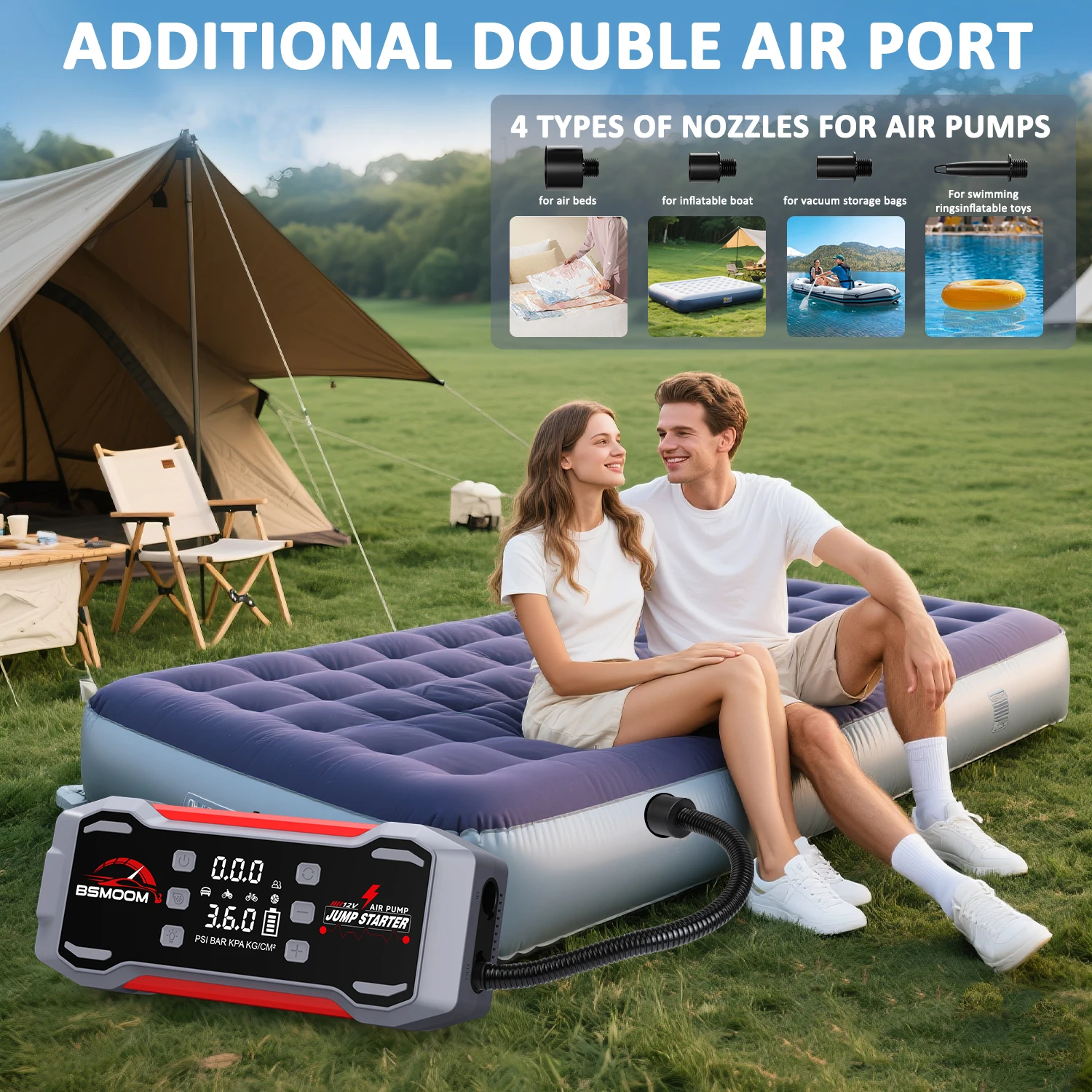 BSMOOM 9000A Avviatore di emergenza per auto Pompa d'aria 6 in 1, compressore d'aria, ventilatore, batteria ausiliaria e cavi di emergenza intelligenti 12V - immagine 5