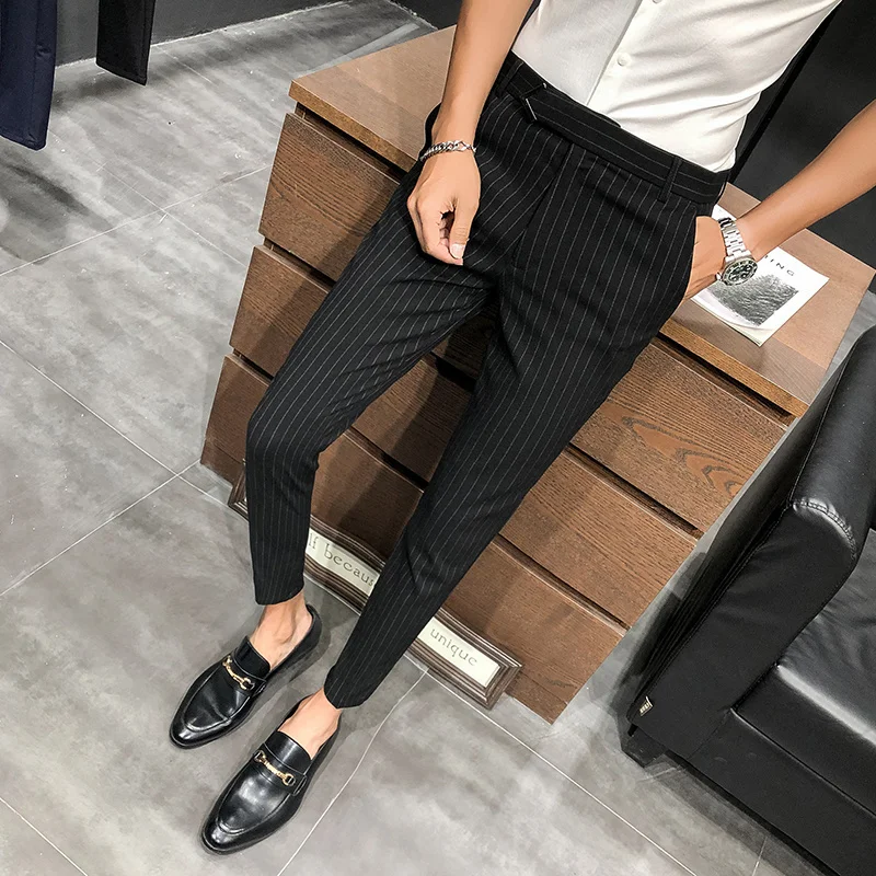 black blazer for men Style British Suit Pants Men Dress Pants Social Slim Fit Office Trousers Men Grey 2022 Spring New Striped Belt Trousers Men's casual blazer