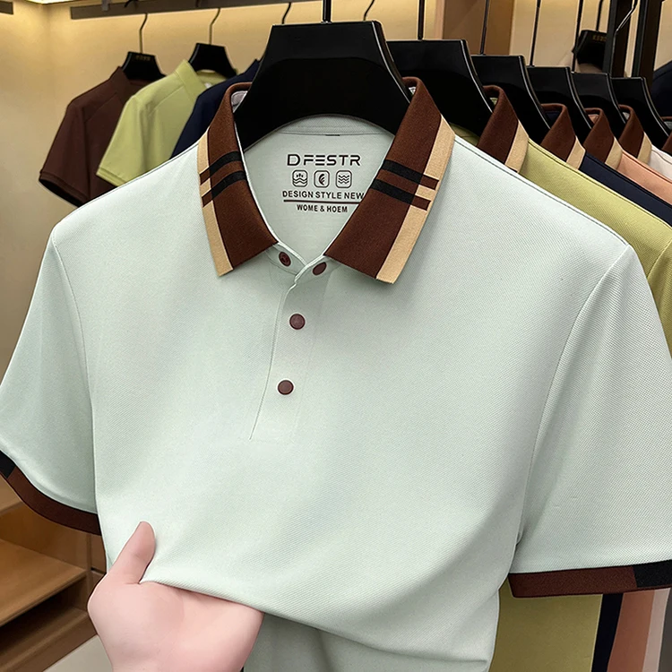 Hochwertiges Herren-Poloshirt mit kurzen Ärmeln, Sommer, luxuriös, Business-Casual, modisch, atmungsaktiv, farblich abgesetzt, mit Reverskragen. – Detail 11