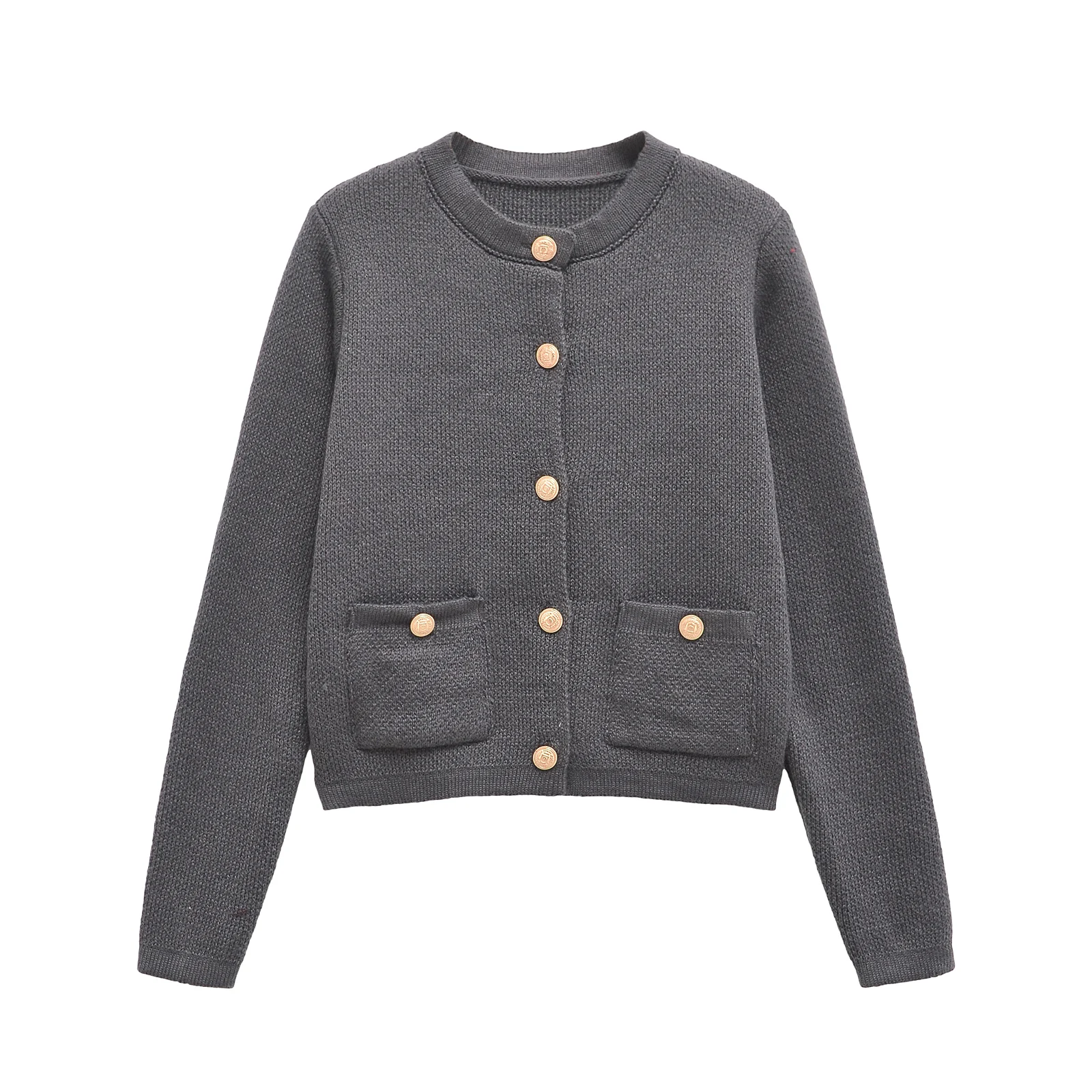 Taop&Za women's 2024 autumn and winter new knitted cardigan round neck solid color single breasted short sweater jacket 4