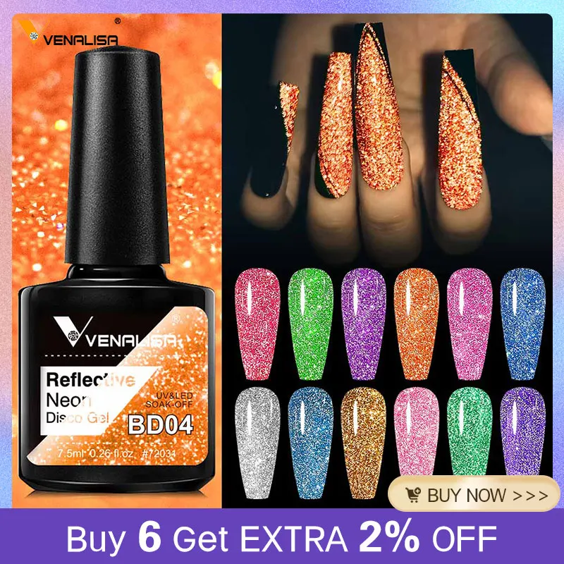 Venalisa Reflektierender Glitzer-Nagelgel-Nagellack, Neonfarbe, vollständige Abdeckung, Pigment, Nagelkunst, Maniküre, Soak Off, Emaille, UV-Gel-Lack
