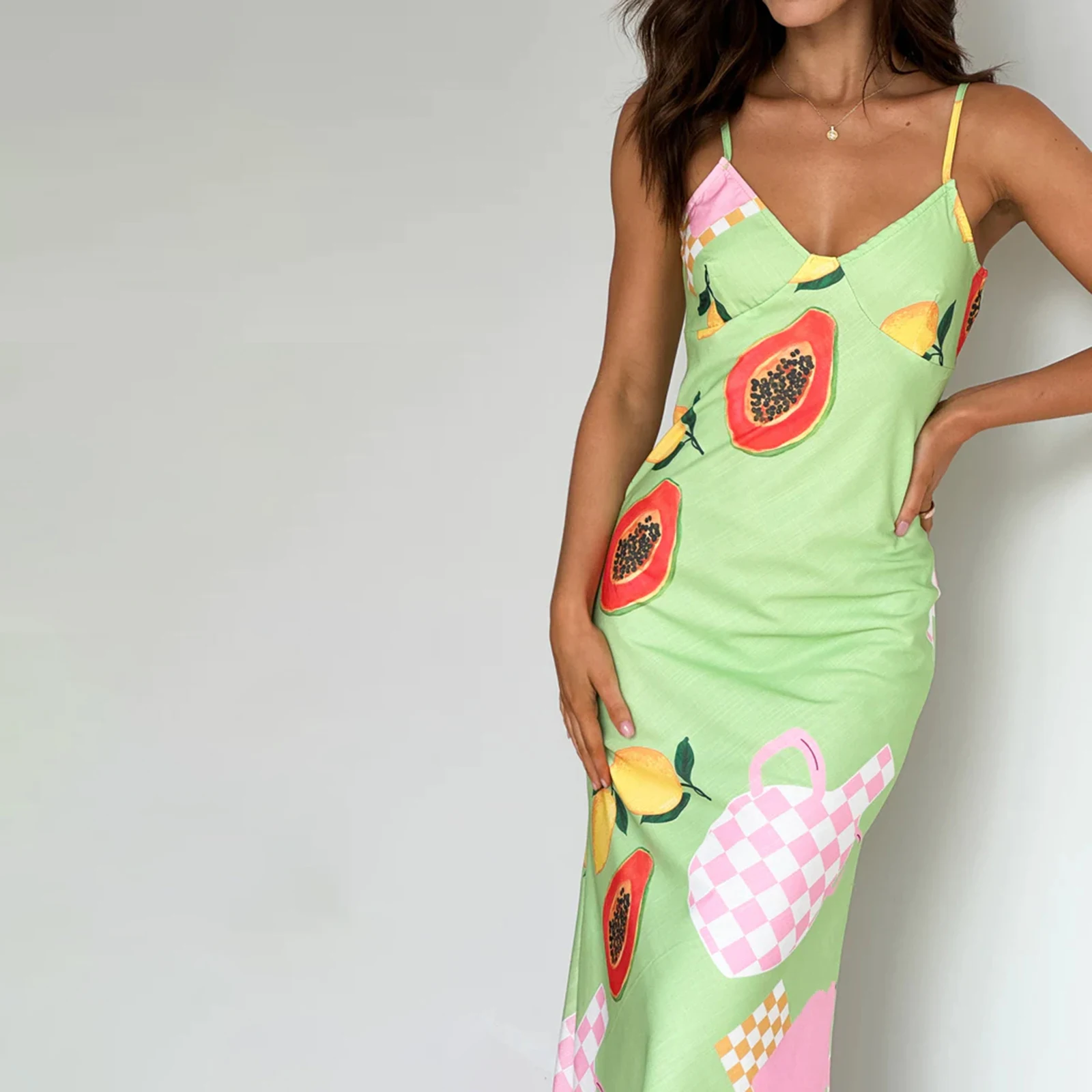 

New Summer Women Slip Dress Spaghetti Straps V-neck Fruit Print Swing Dress Summer Long Dress Clubwear Party Vestidoes Clothes