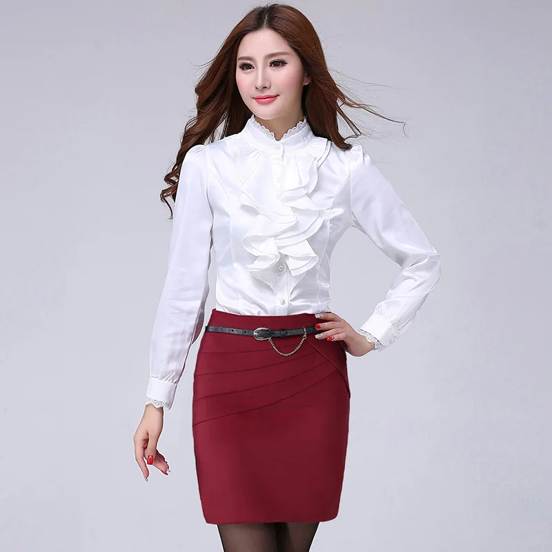 

Stand Collar Ruffle blouse women shirt temperament fashion formal long sleeve blouse camiseta mujer office Big size ladies tops