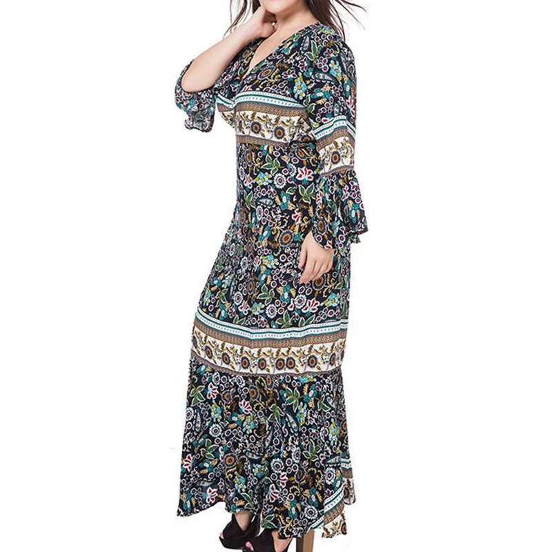 Artificial Cotton Vintage Print Plus Size Womens Bohemian V-Neck Splicing Ruffles Flare Three Quarter Sleeve Lace-up Long Dress