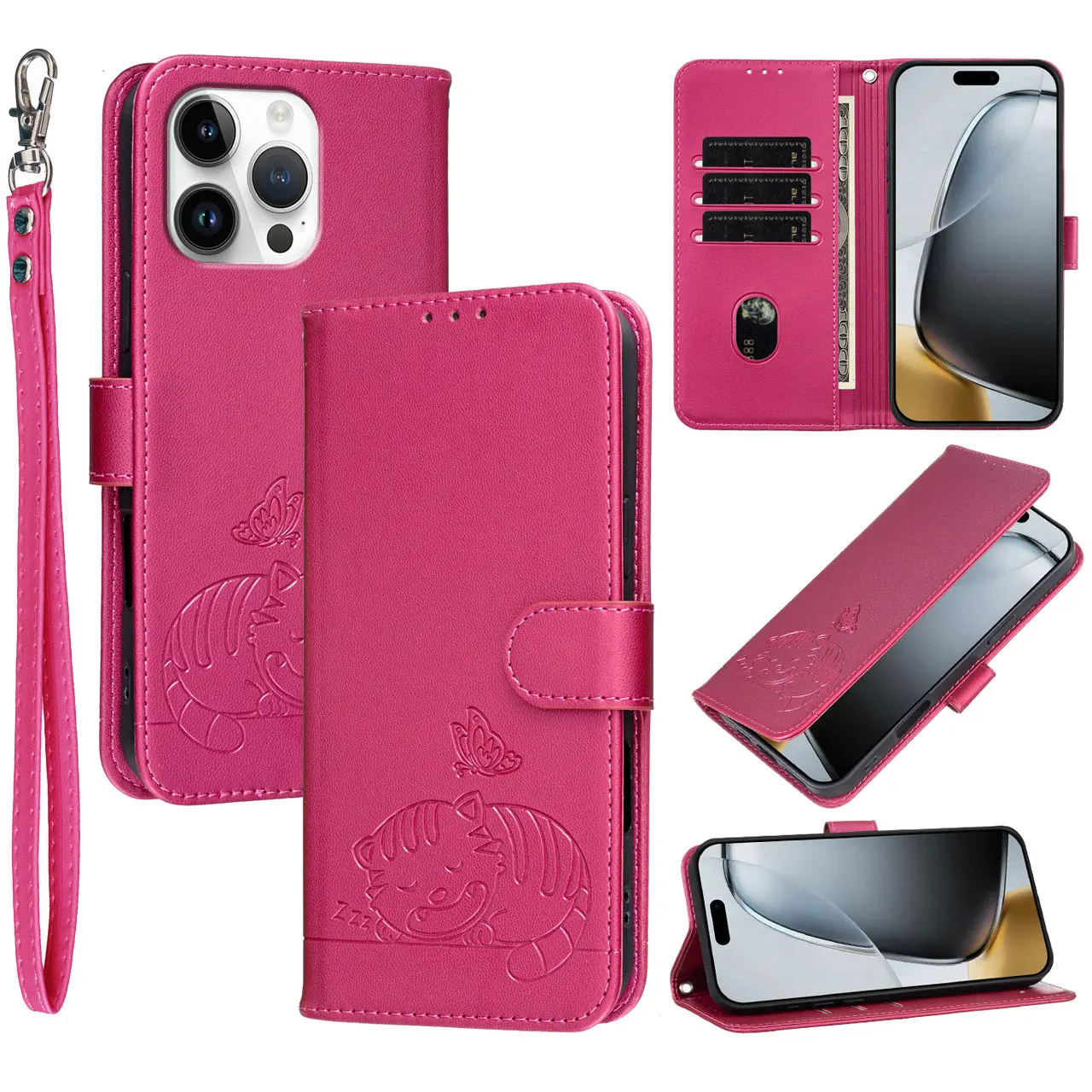 Cartoon Cat Flip Case with Leather Lanyard and 3-Card Wallet Cover