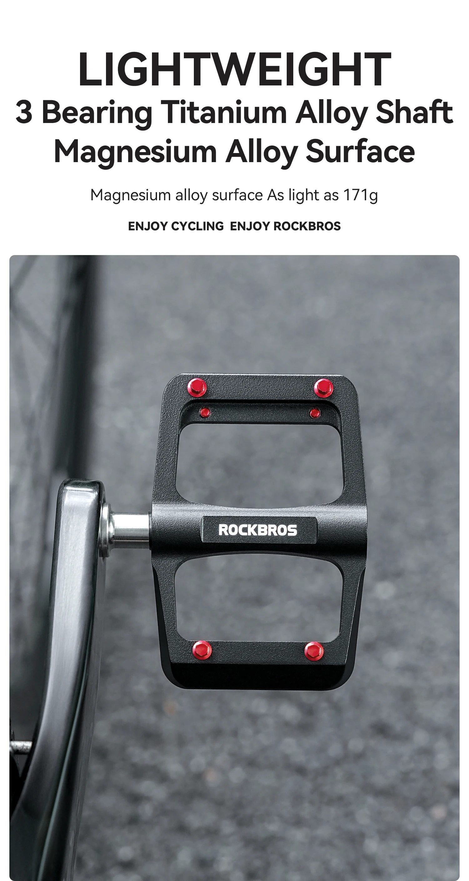 ROCKBROS Fahrradpedale links/rechts, leichtes Pedal, 3 Lager, Rennradpedal, verbreitertes Pedal aus Magnesiumlegierung, ultraleicht, 171 g – Detail 1