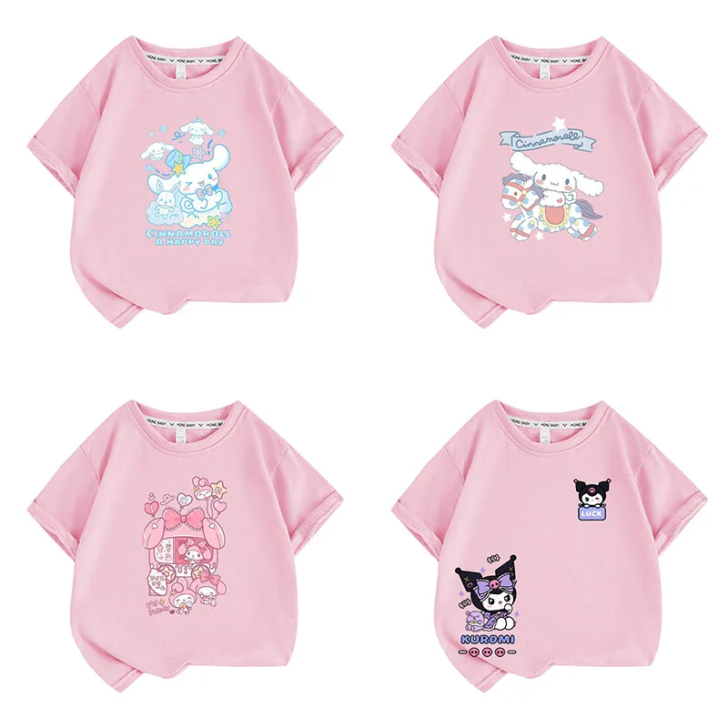 

2023 Sanrioed My Melody Cinnamoroll Детская футболка с рисунком аниме Kuromi Топы с коротким рукавом Милая летняя одежда для девочек подарок