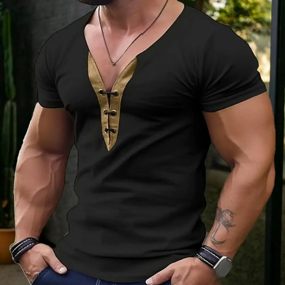 

Solid Color V-neck Top Stylish Men's V-neck Lace-up T-shirt for Summer Casual Wear Slim Fit Breathable Pullover in Solid Colors