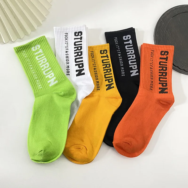 Couple Stockings Solid Color Cotton Socks Unisex Stocking Letter Print Mid-Calf Socks Sports Leisure One Size Fits All All-Match