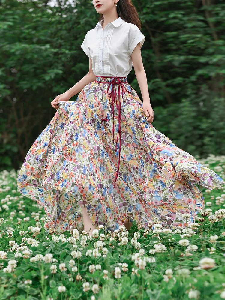 Free Shipping Boshow 2023 New Fashion Bohemian Chiffon A-line Long Maxi Summer Elastic Waist Women Print Skirts  S-L 2023 new x88 pro 10 4k tv box android 10 0 rockchip 3318 dual band wifi hdr iptv free shipping recommend