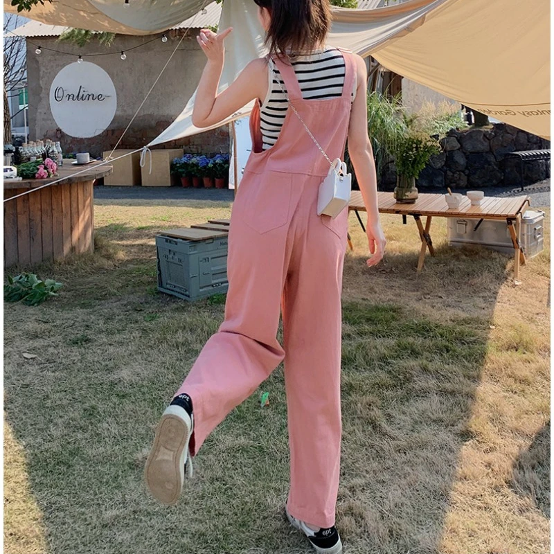 2024 Summer New Jumpsuits Women Korean Sweet Casual Versatile Solid Color Straight Leg Full Length Strap One-piece Pants Female