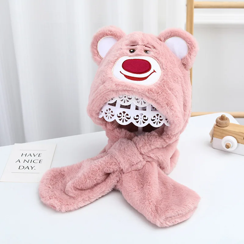 Strawberry Bear Hat Scarf Integrated Cold Protection in Winter Warm Scarf Gloves Two-Piece Children's Warm Cartoon Hat