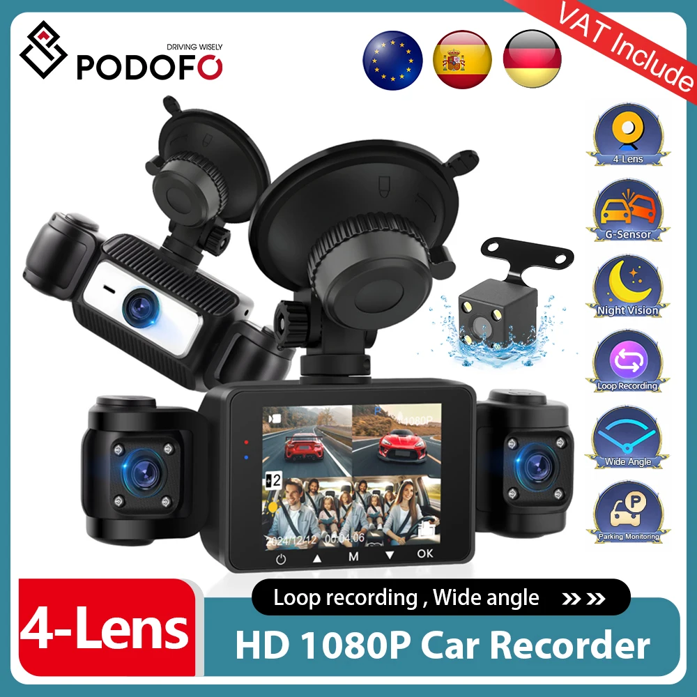 Rejestrator samochodowy z 4 kamerami, ekran 2,4 cala, kamera samochodowa 360 stopni HD 1080P, rejestrator jazdy z kamerą przednią, prawą, lewą i tylną, monitoring parkowania 24-godzinny
