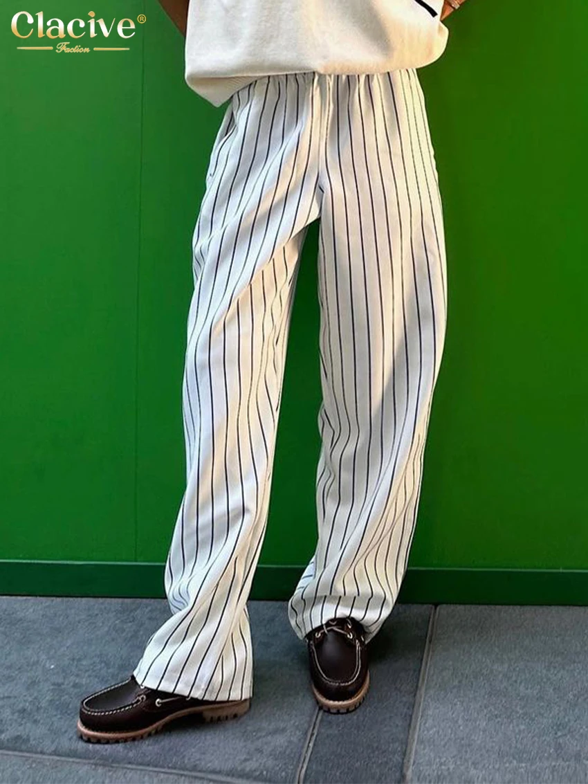 

Clacive Fashion Loose Stripe Print Women's Pants 2024 Elegant High Waist Wide Pants Casual Classic Full Length Trousers Female