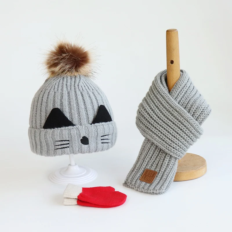 Three-piece plush children's hat scarf gloves autumn/winter suit boys and girls knit hat Kitty baby baby