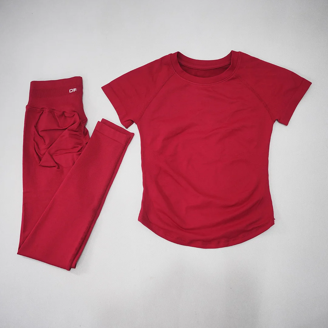 DF LOGO Ladies Seamless 2Pcs Yoga Set Short Sleeve Slim Top High Waist Leggings Quick Dry Breathable Gym Running Fitness Outfit