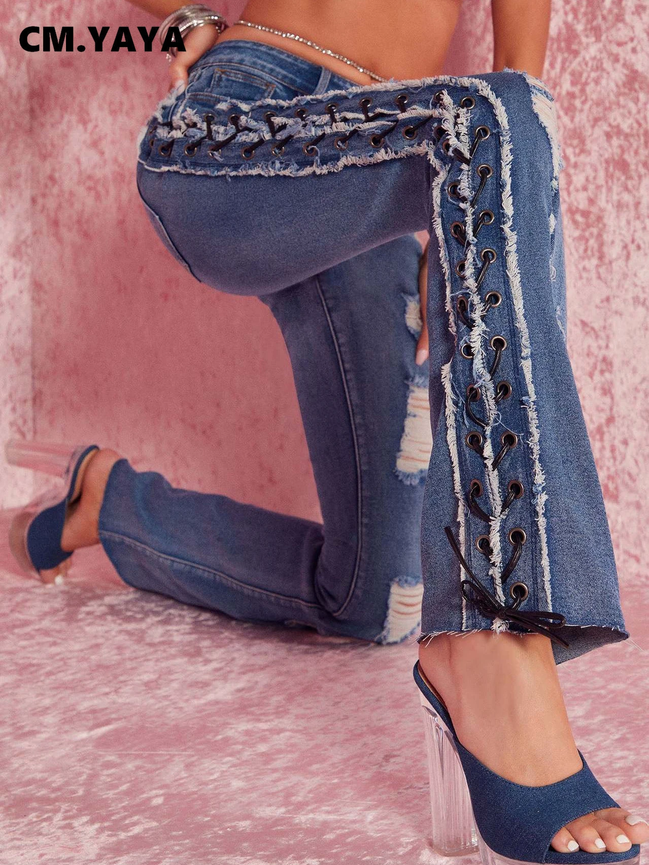 Cmyaya Elegant Women Eyelet Lace Up Side Ripped Hole Flare Zip Fly High