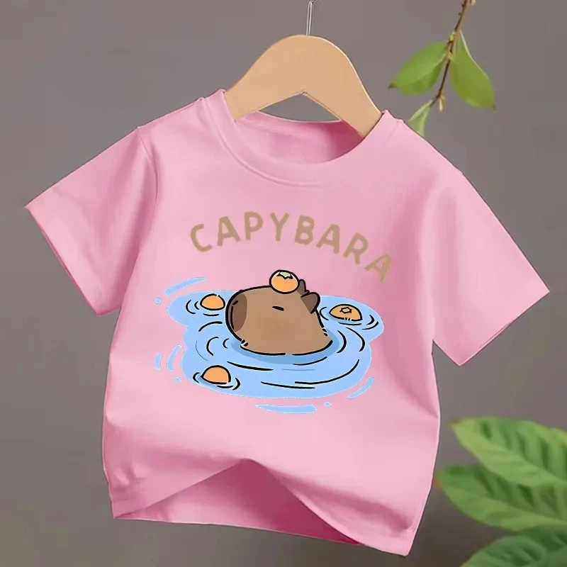 4 To14Y Girls Casual Capybara Print Short Sleeve T-Shirt 2026 New Cute Spring Summer Y2k Children's Crew Neck Tee Tops