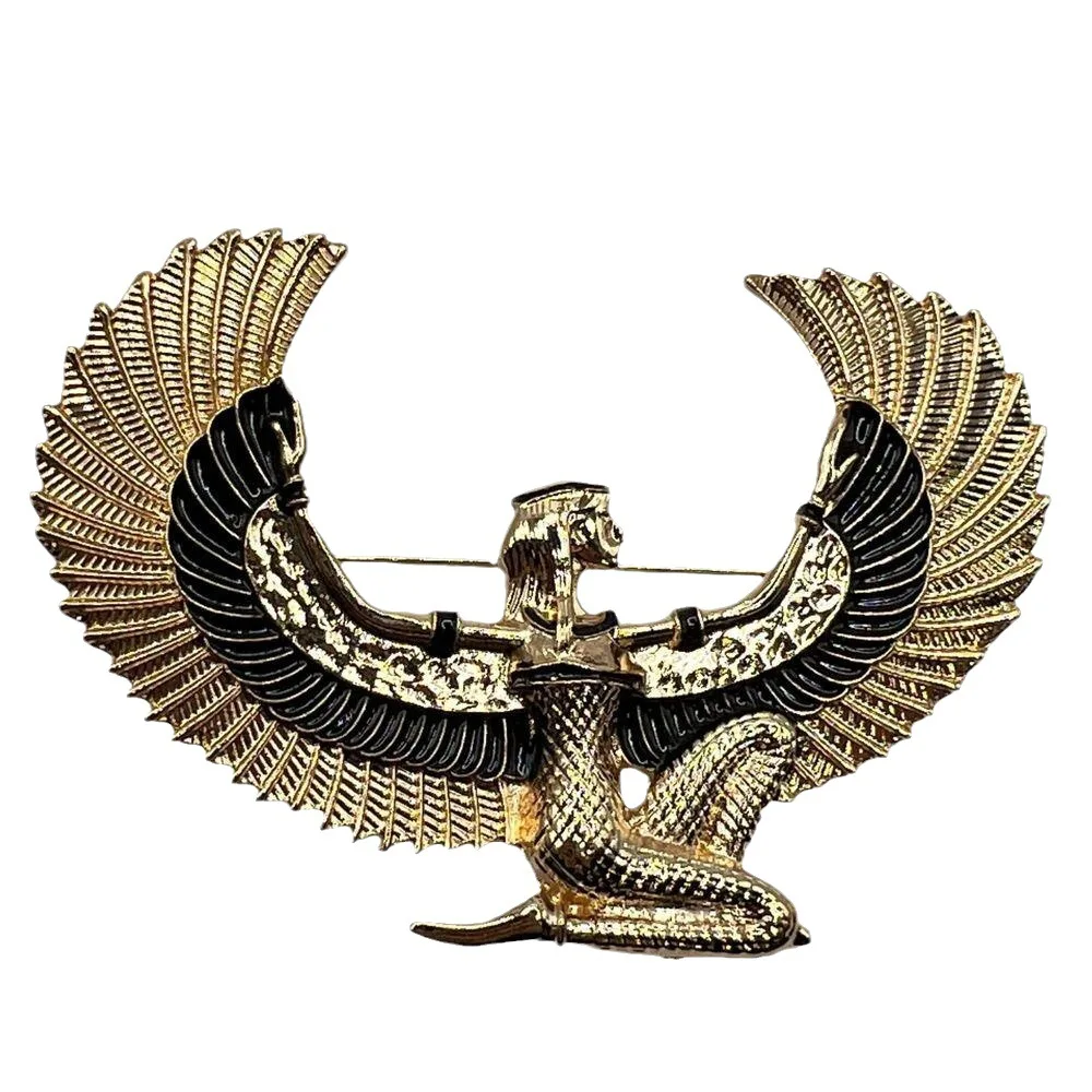Spilla Con Ala Di Dio Egiziano Smaltato Nero Accessorio Per Abbigliamento Con Corpetto In Oro Europeo E Americano Con Ali D'Angelo