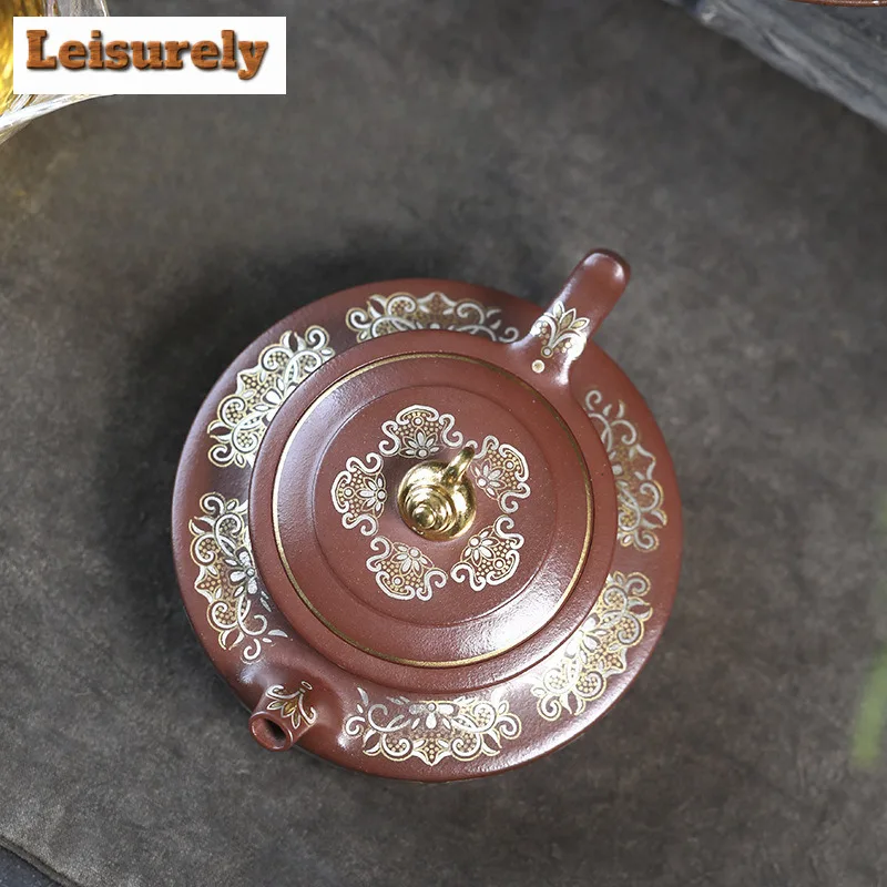200ml Yixing Purple Clay Teapots Handmade Gold Drawing Huating Pot Raw Ore Red Leather Dragon Mud Kettle With Strainer Zisha Tea