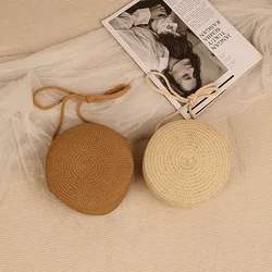 Round Straw Bag Women Woven Summer Beach Crossbody Shoulder Bag for Ladies Rattan Handmade Knitted Candy Color Small Handbags