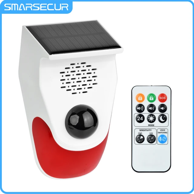 SMARSECUR Outdoor Solar Sound Light Alarm Motion Sensor, Battery 120DB Siren Sound Alert Flash Strobe Security Alarm System 1