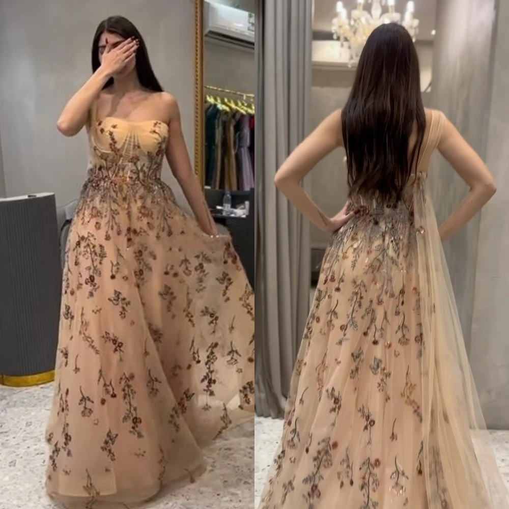 Prom Dress Saudi Arabia Tulle Applique Draped Cocktail Party A-line Strapless Bespoke Occasion Gown Long Dresses long sleeved a line net tulle jewel sweep brush floor length applique evening dresses fashion high quality 2021 draped