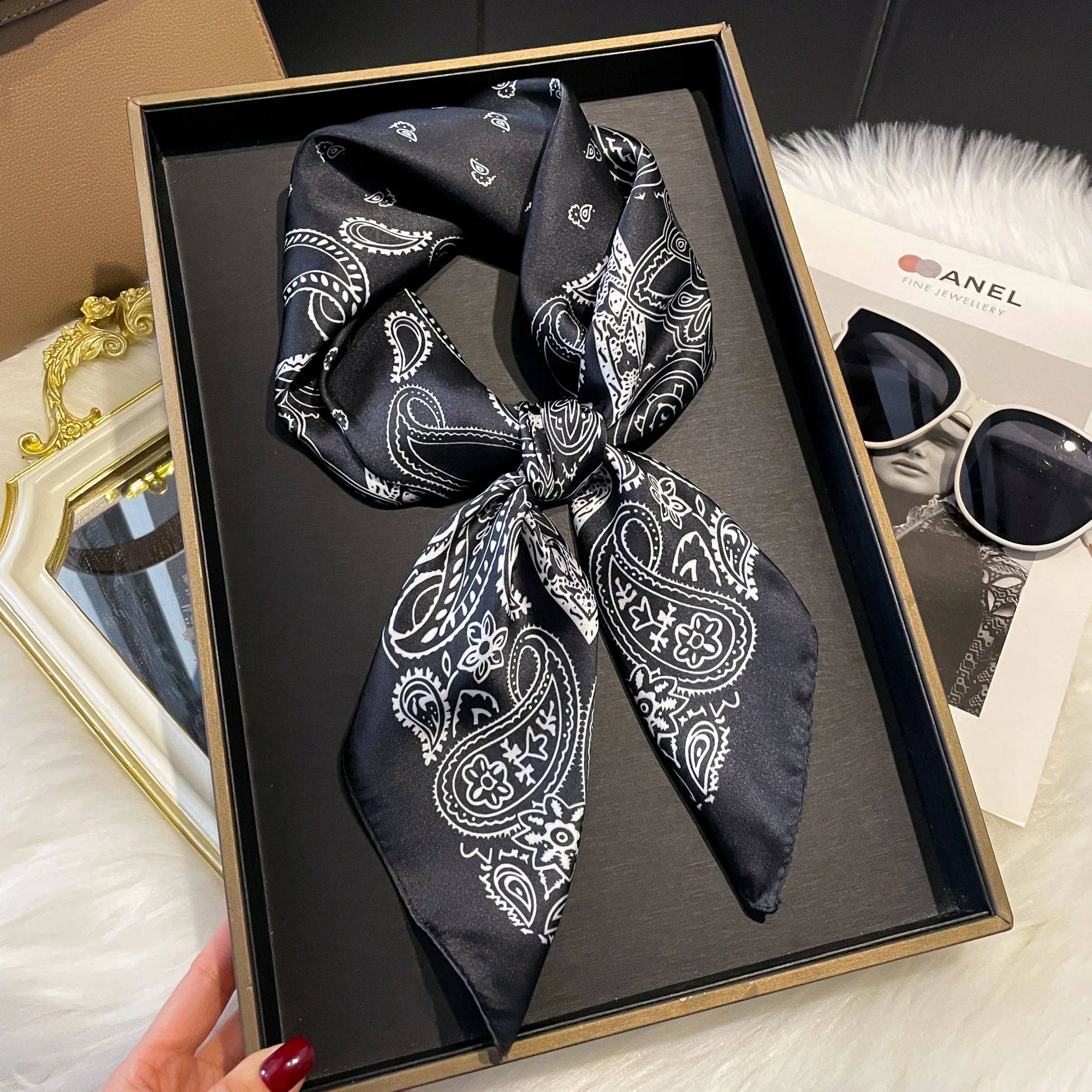 Luxury Fashion Print 70*70cm Silk Square Scarf Women Soft Satin Hairband Neckerchief Tie Female Headband Foulard Bag Ribbon