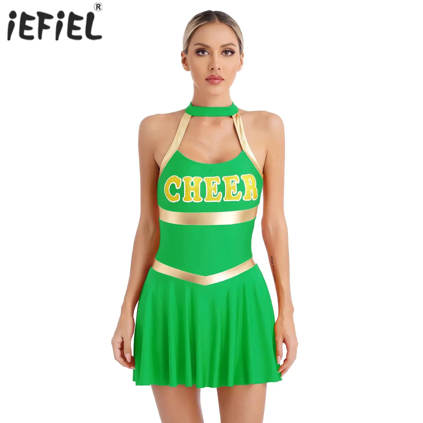 

Женская Молодежная школьная униформа для чирлидинга, танцевальные костюмы, цельнокроеное платье на бретельках с открытой спиной