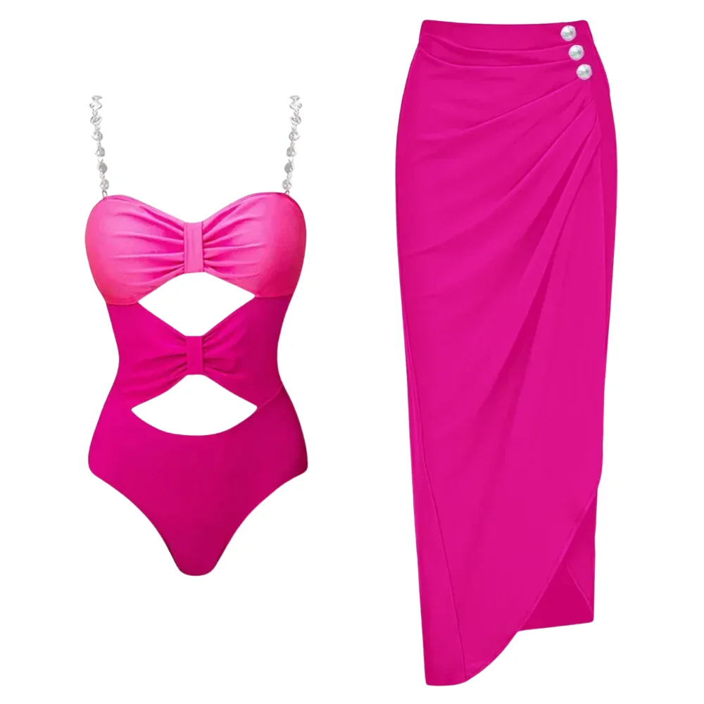 2024 Swimsuit and Skirt Halter Artificial Pearl Chain One Piece Women  Vacation Beachwear Bathing Suit Summer Swimwear