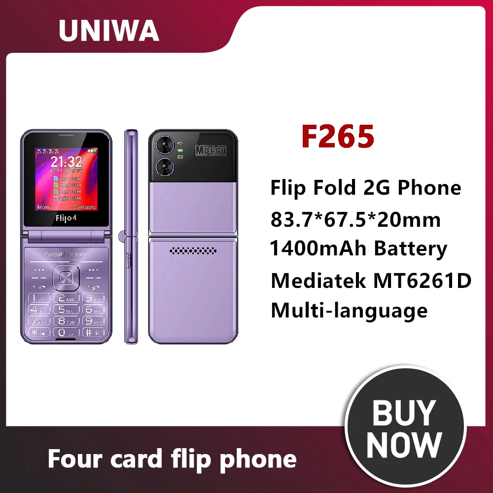Uniwa F265 Fold Flip Phone 2G Cellulare Per Anziani Dual Screen Single Nano Big Push-Button 1400Mah Batteria Tastiera Inglese