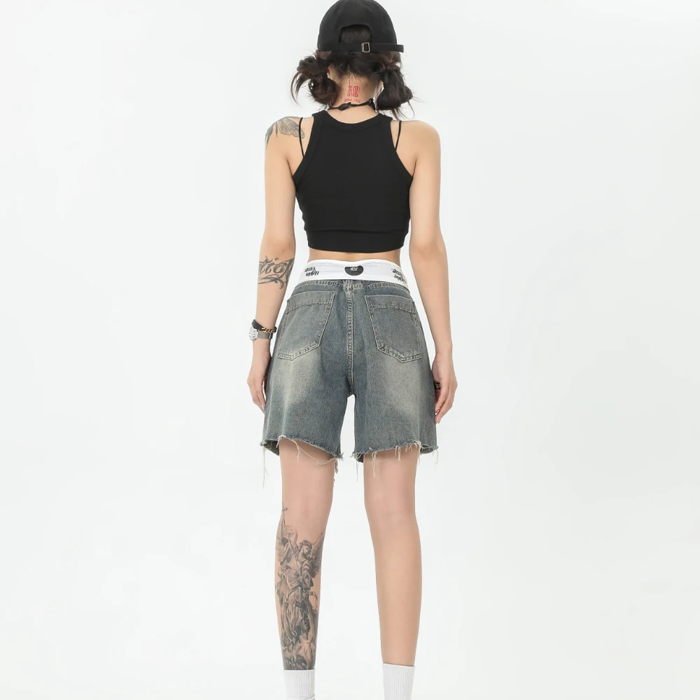 Y2k Harajuku Wide Tassel Jeans Shorts Women Blue Ripped Denim Shorts Vintage 90s Aesthetic Cowboy Mini Short Pants 2000s Clothes