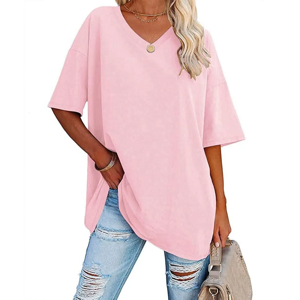 Women's Short Sleeve T Shirt - Cotton Broadcloth Polyester Fabric Top, Loose Fit Tee