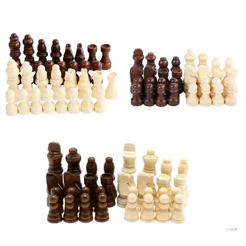 M5TC 32 Pcs Wooden International Chess Pieces Hand Carved Chess Game Pawns Figurine Pieces Board Accessories Durable