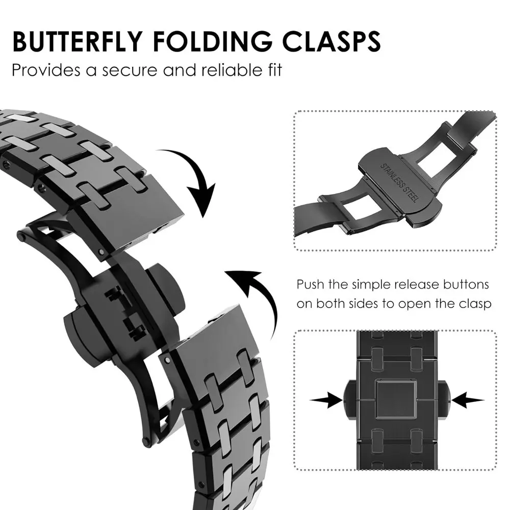 Premium Stainless Steel Band and Tempered Glass Protective Shell with Metal Bracelet Wristband