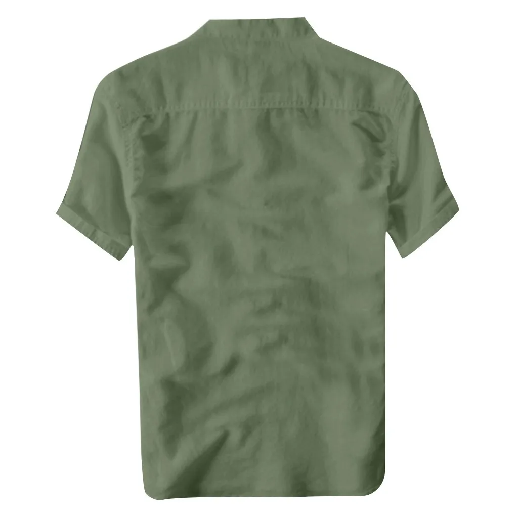 Men's Summer Shirts Plus Size Short Sleeve Lapel Breathable Cotton Linen Tees Top Solid Color Retro Beach Baisc Male Clothing 2