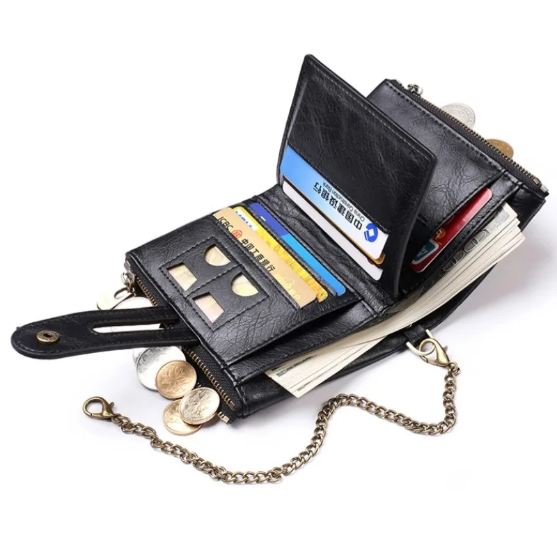 New Men Wallets PU Leather Short Card Holder Chain Luxury Brand Men's Purse High Quality Classic Retro Male Wallet