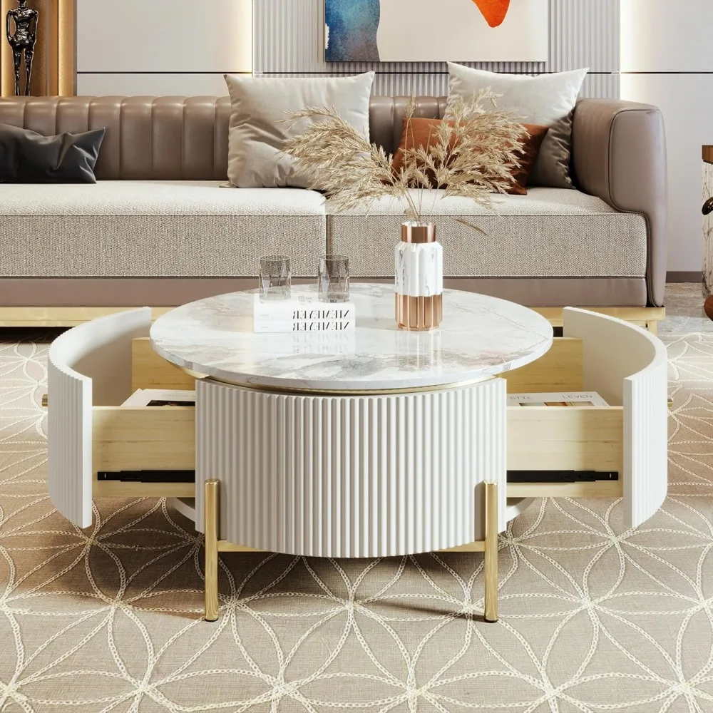 Round Coffee Table, Modern White Round Coffee Table with Storage Drawers, Accent Table Coffee Tables for Living Room, Bedroom 4