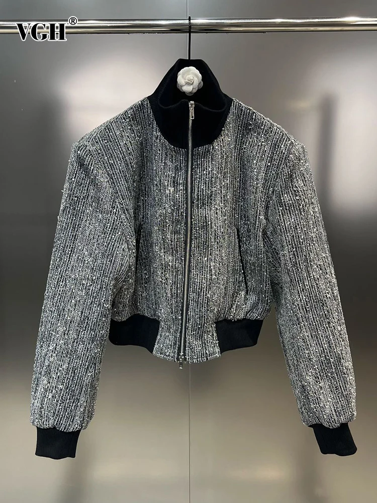 

VGH Colorblock Casual Short Coats For Women Stand Collar Long Sleeve Patchwork Zipper Minimalist Coat Female Fashion Clothing
