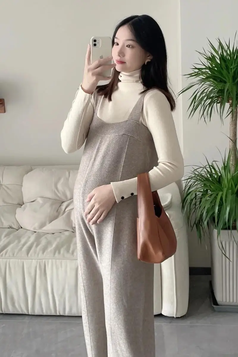 Autumn Maternity Knitting Jumpsuits Good Quality Fashion Long Loose Wide Leg Trousers Pregnant Woman Overalls Straight Rompers 6