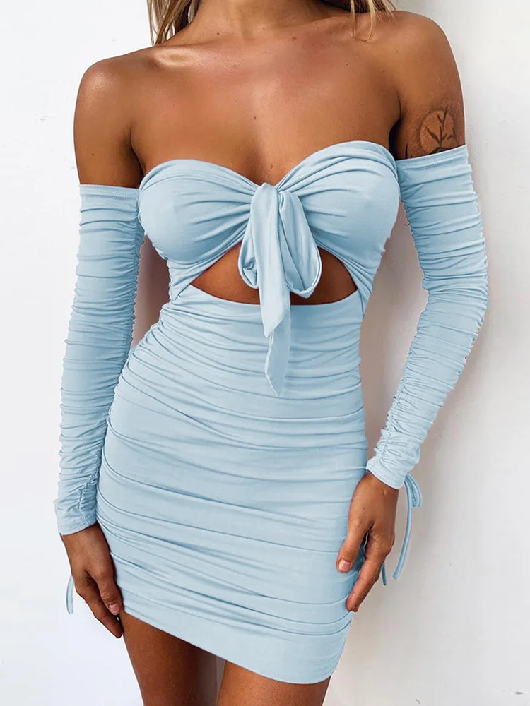 

Summer Lady Bodycon Slash Neck Sexy Pencil Dress Puff Long Sleeve Backless Hollow Out Off Shoulder Mini Club Party Outfits