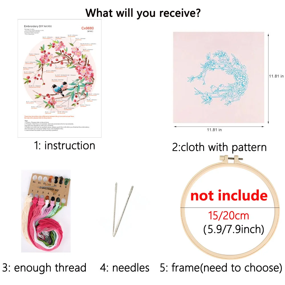 Embroidery Kits Chinese Wind Bird Flower Pattern with Instruction Needle Cloth for DIY Craft Home Decor
