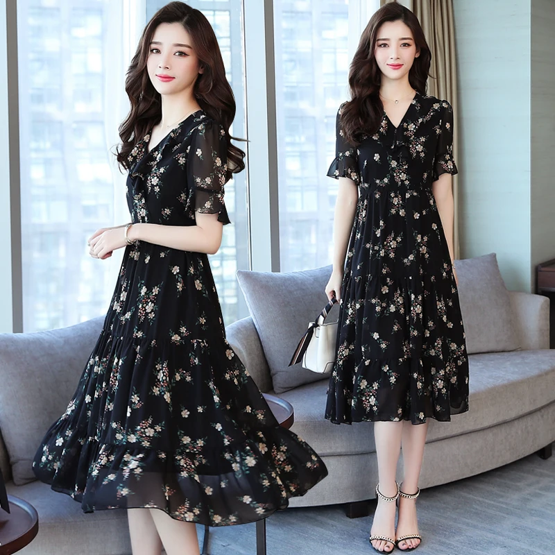 

Summer Floral Ruffle Party Chiffon Midi Women Formal Dress Fairy Lady Boho Vintage Elegant Runway 2022 Vestido Long Korean