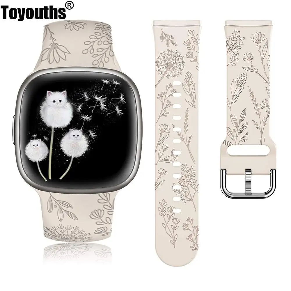 

Toyouths Engraved Band for Fitbit Sense 2/Versa 4/Versa 3/Sense Floral Silicone Sport Solo Loop Strap for Women Men