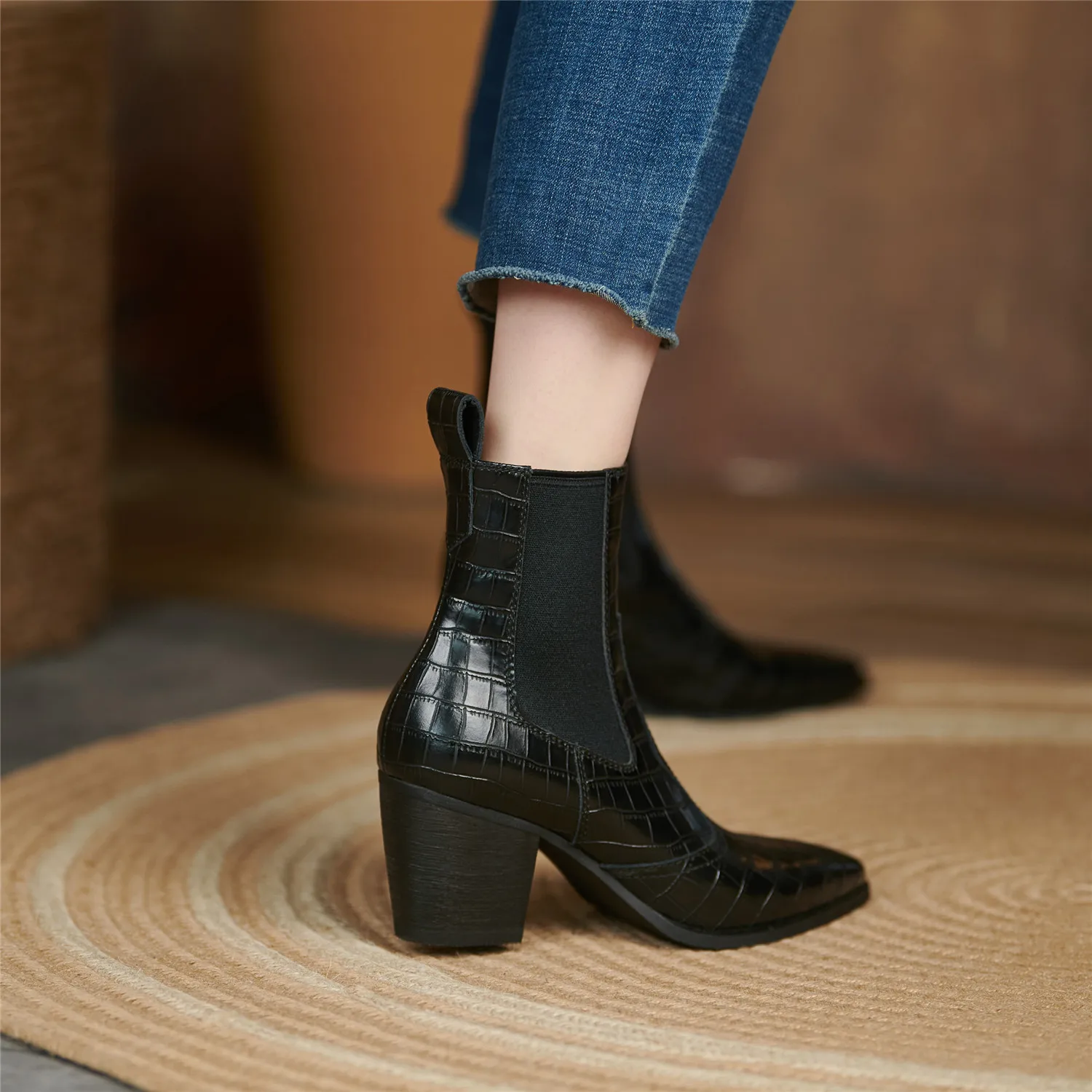 Cowboy Ankle Boots for Women Luxury Cow Split Genuine Leather Block High Heel Elastic Band Short Booties Goth Brown Black Shoes