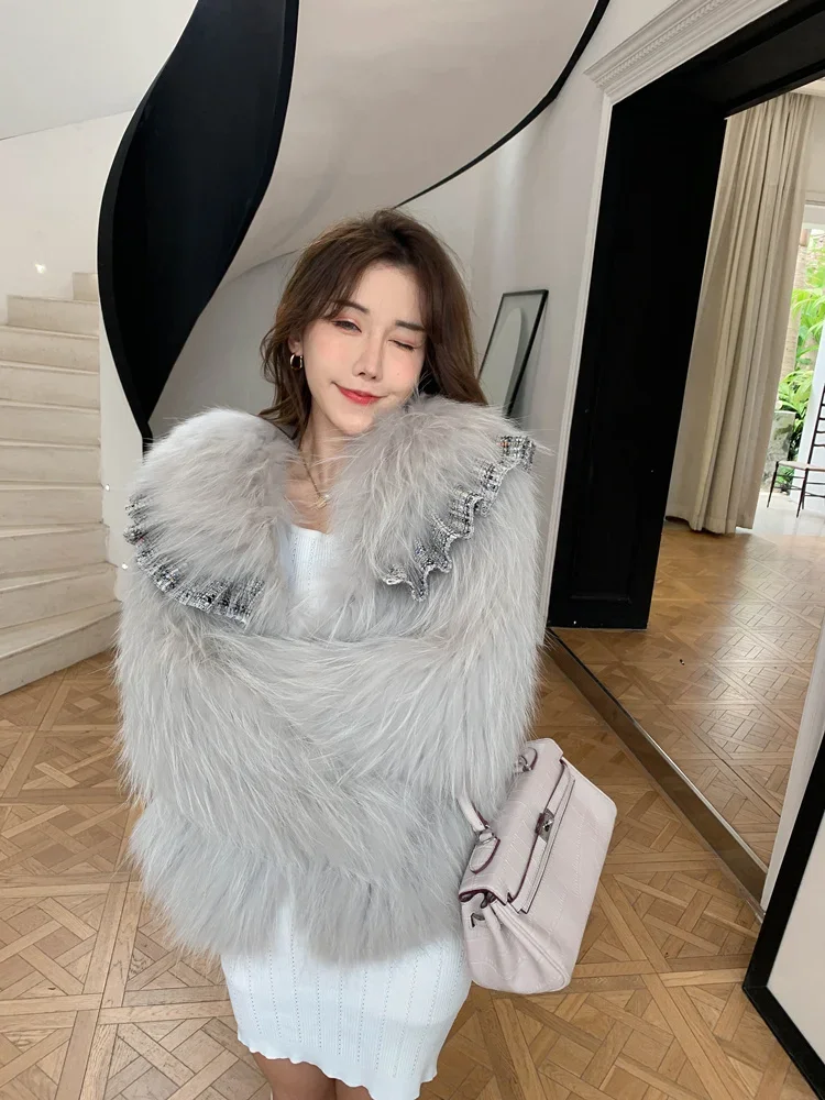 Girly Raccoon Dog Fur Woven Coat Lolita Style Thick Warm Fur Jackets Long Sleeve Lapel Short Outerwear Winter Women's Clothing